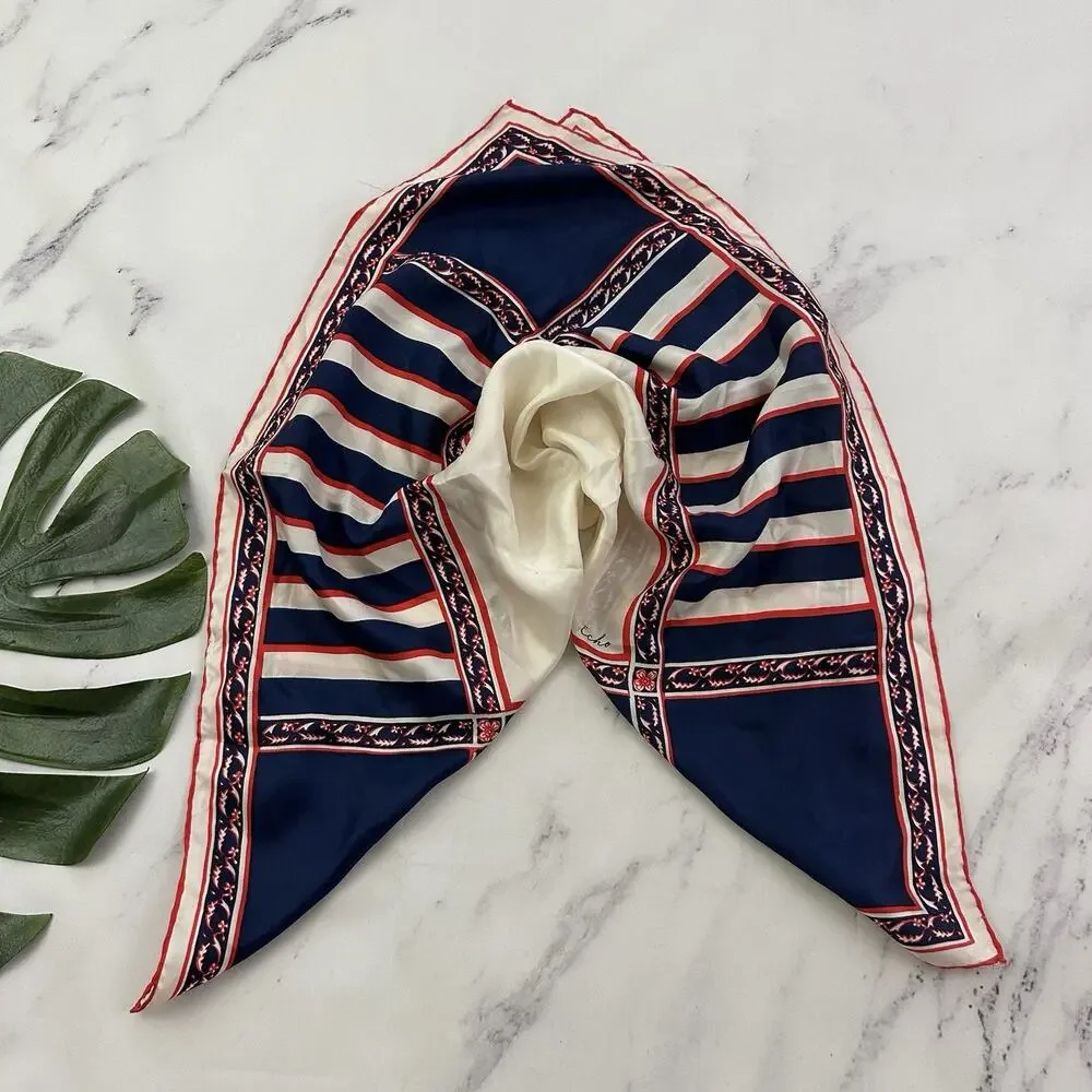 Echo Womens Vintage 90s Silk Square Scarf Blue Red Geometric Nautical